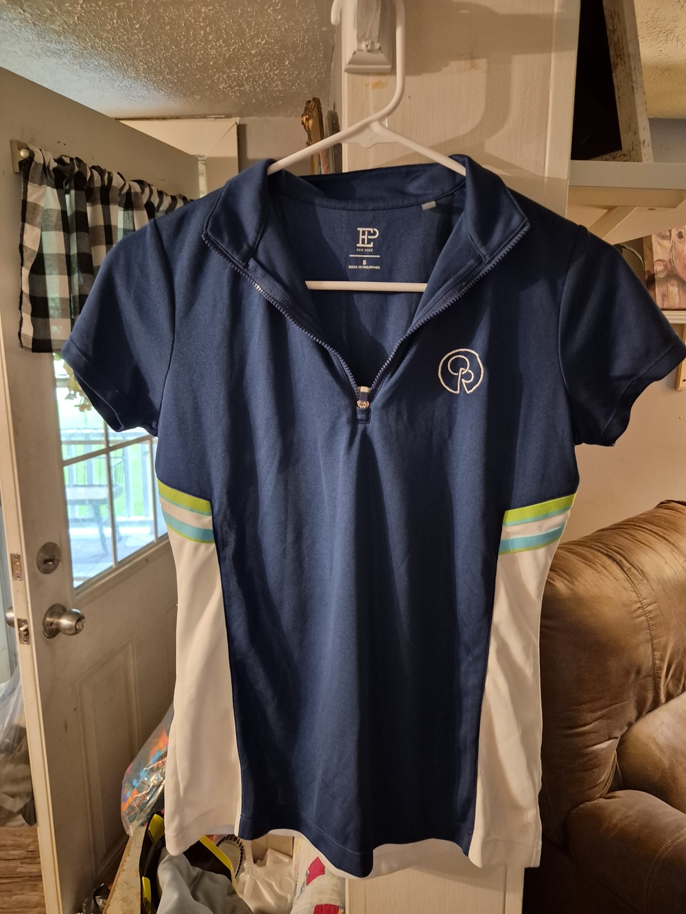 EP Pro Navy Short-Sleeve Womans Golf Polo with White and Lime Stripes
